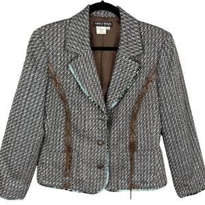 Nancy Bolen Wool Blazer Boucle' Brown Teal Leather Trim 12 Office Cottagecore